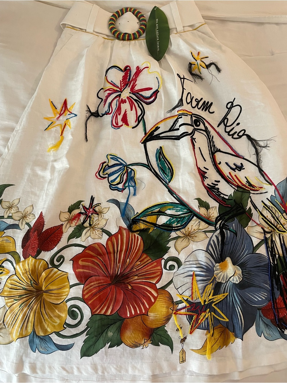 FARM Rio White Skirt with Multicolor Tropical Floral & Toucan Embroidery